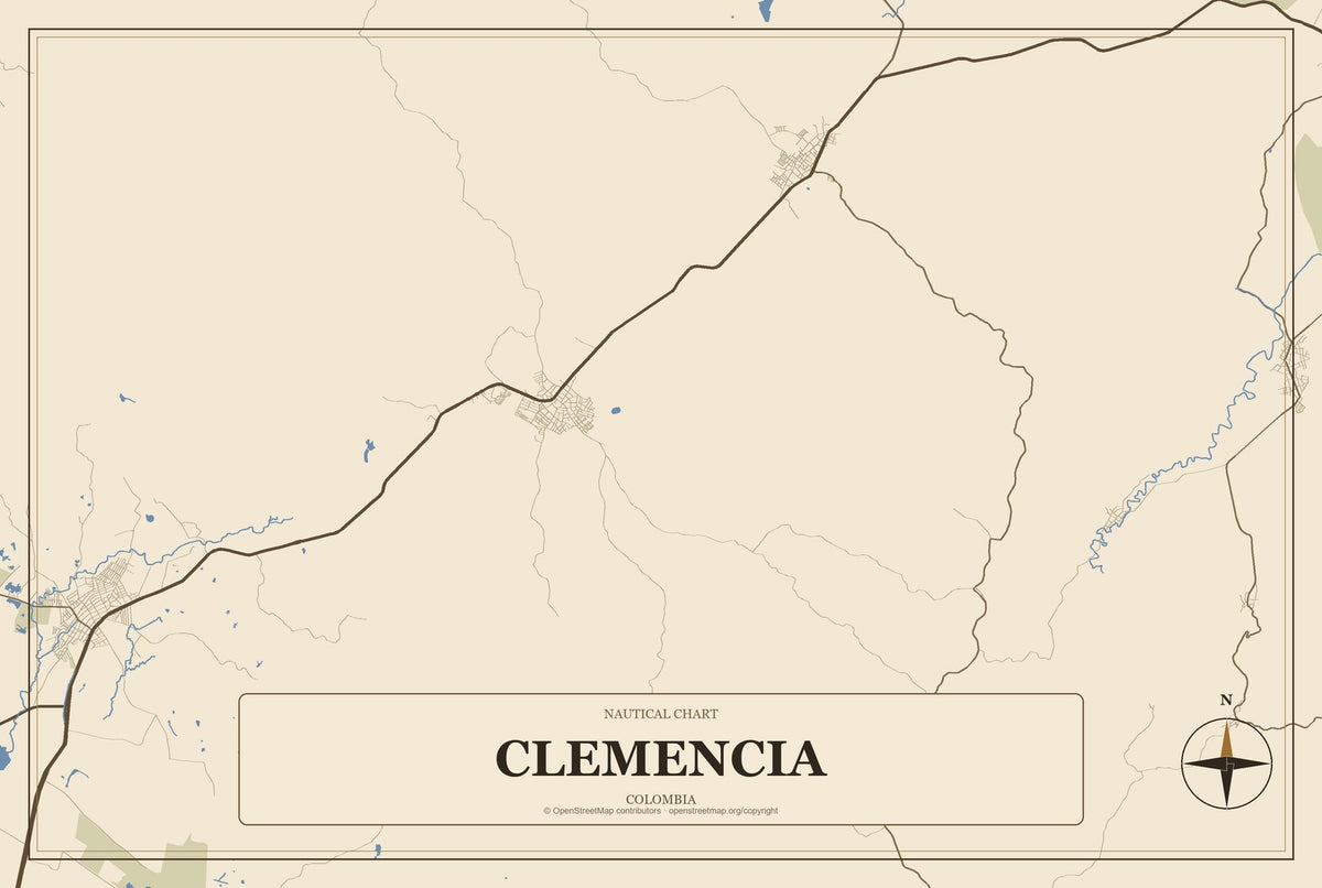 Clemencia, Colombia City Map Aluminum Sign in Heritage Nautical style
