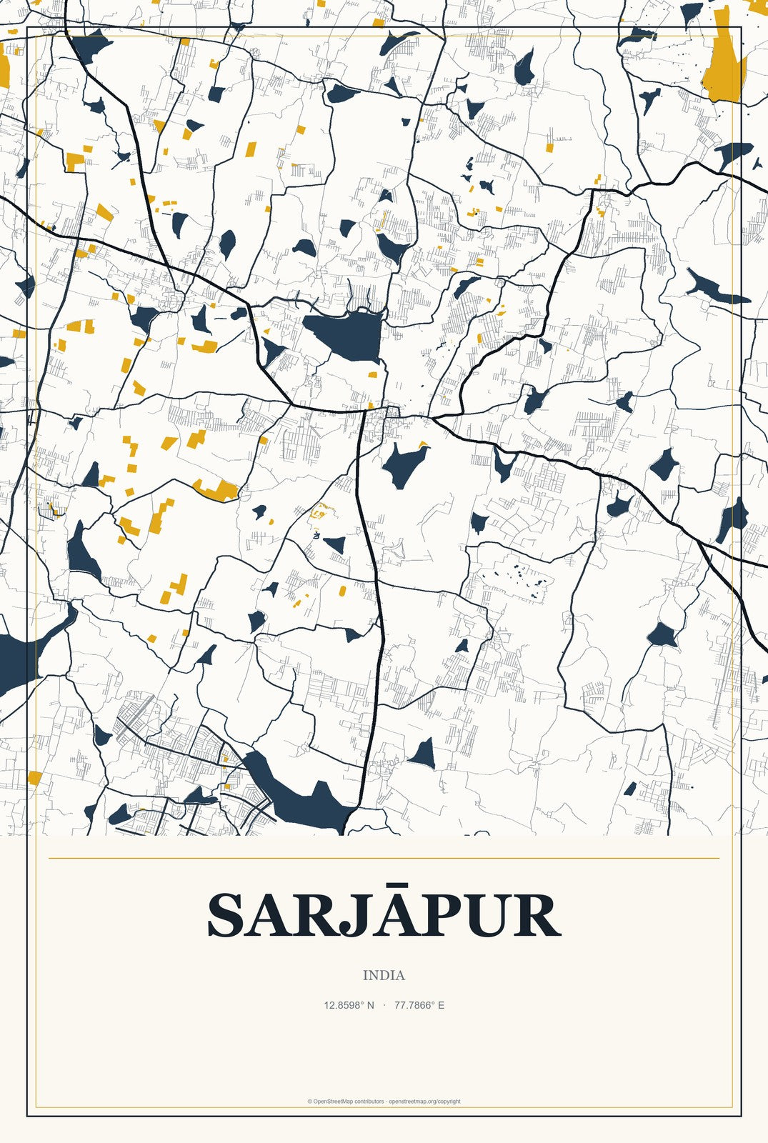 Sarjāpur, India City Map Aluminum Sign in Citrine Modern style