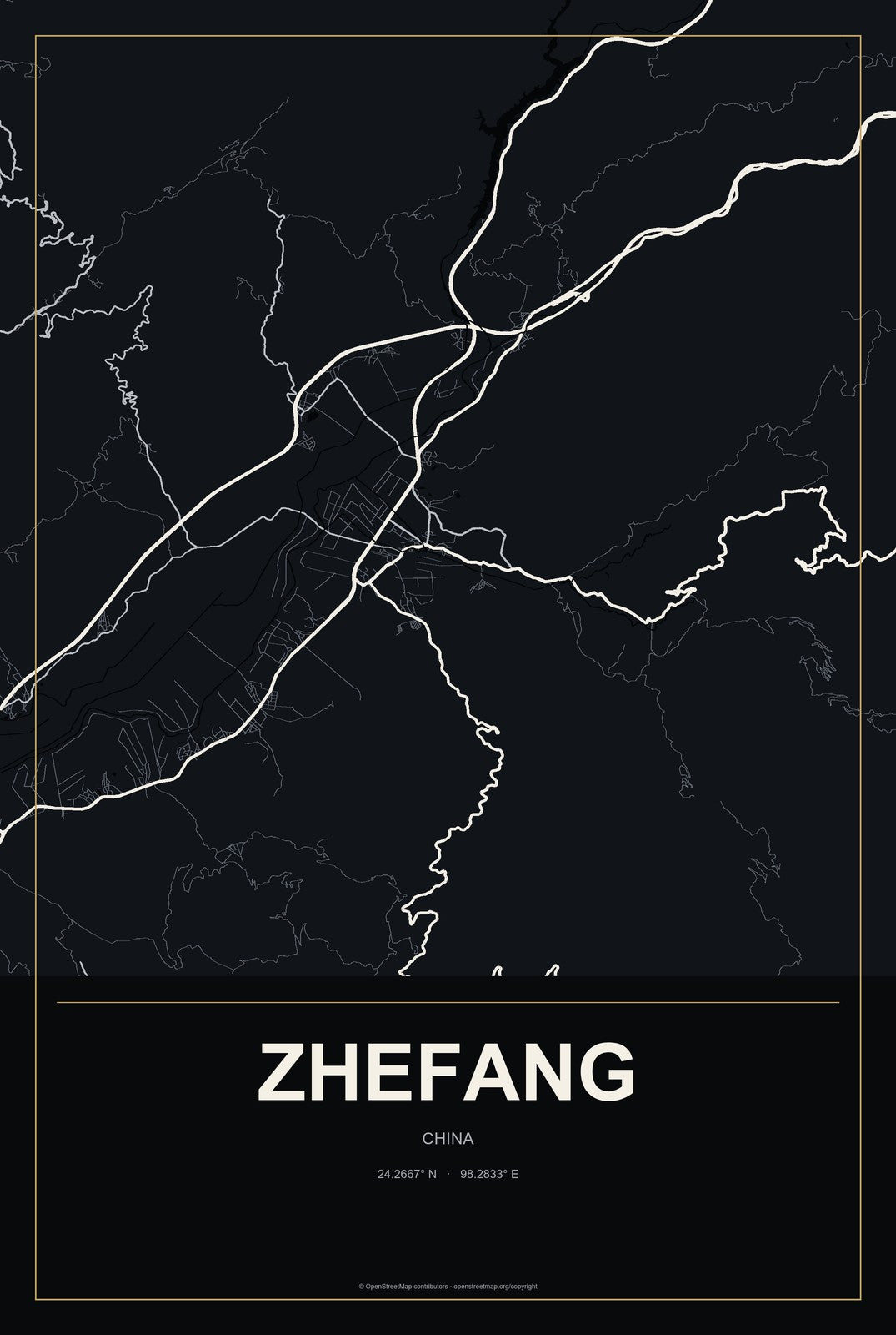 Zhefang, China City Map Aluminum Sign in Metropolitan Noir style