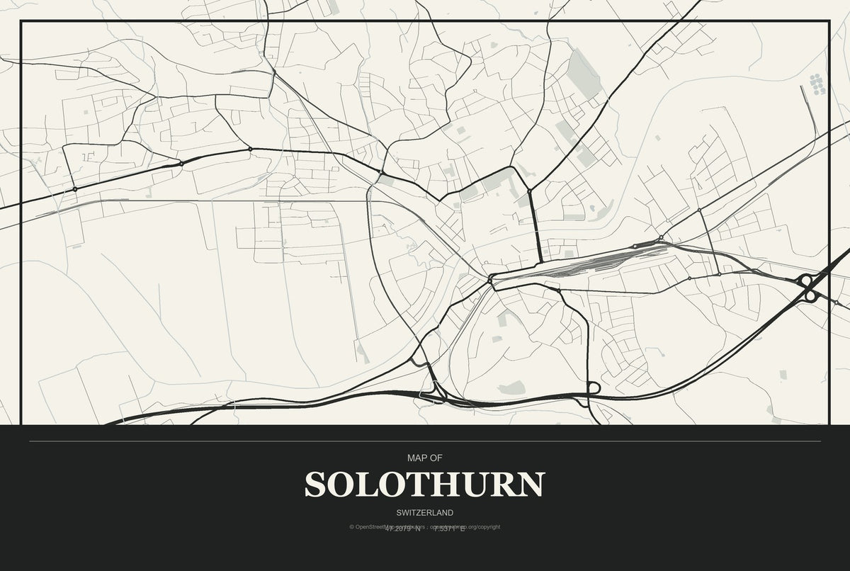 Solothurn, Switzerland City Map Aluminum Sign in Museum Plaque style