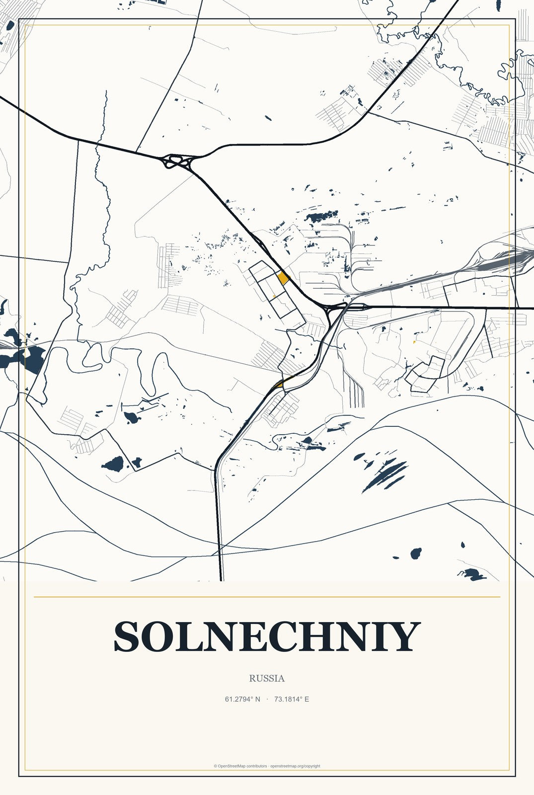 Solnechniy, Russia City Map Aluminum Sign in Citrine Modern style