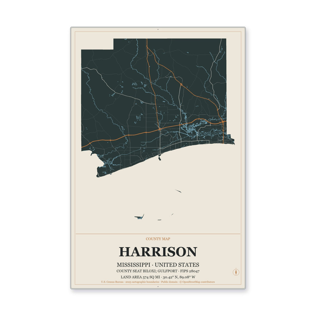 Harrison County, Mississippi Map Aluminum Sign in Headline Atlas style
