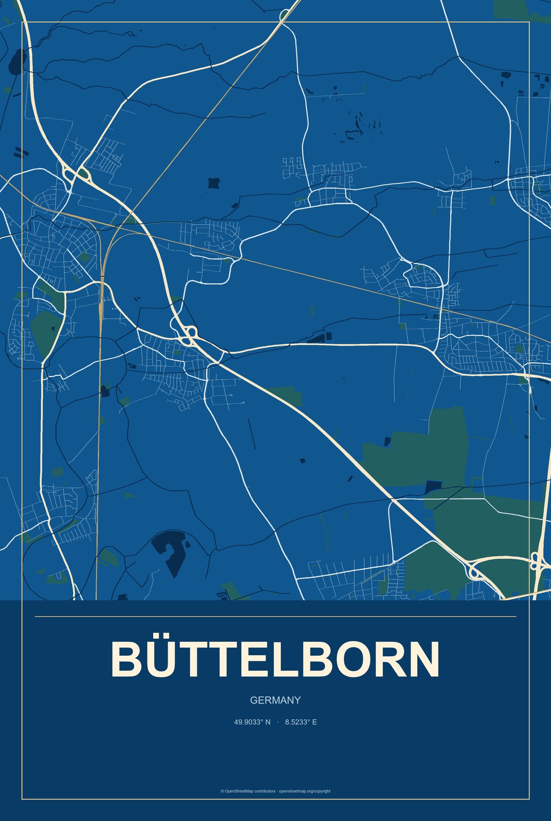 Büttelborn, Germany City Map Aluminum Sign in Harbor Cobalt style