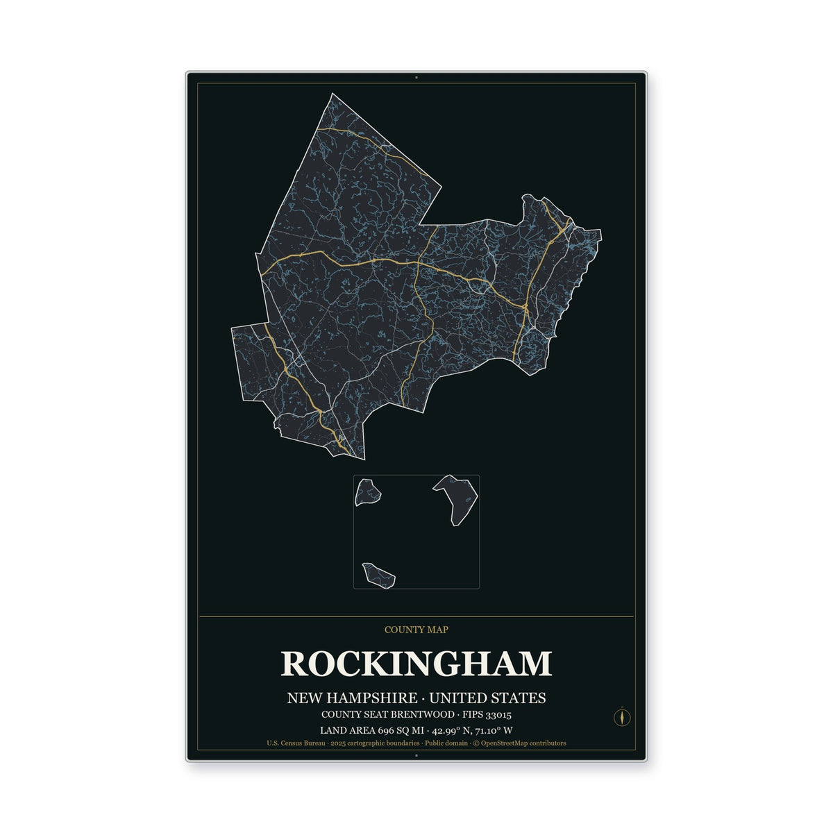 Rockingham County, New Hampshire Map Aluminum Sign in Metropolitan Noir style