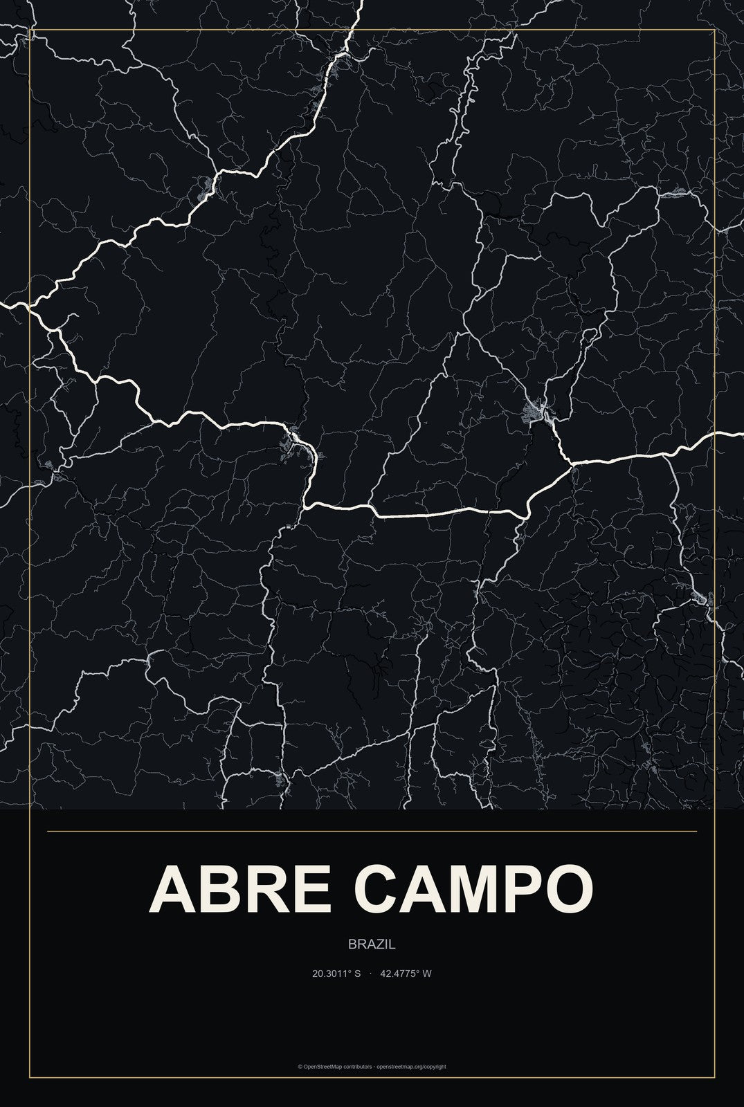 Abre Campo, Brazil City Map Aluminum Sign in Metropolitan Noir style