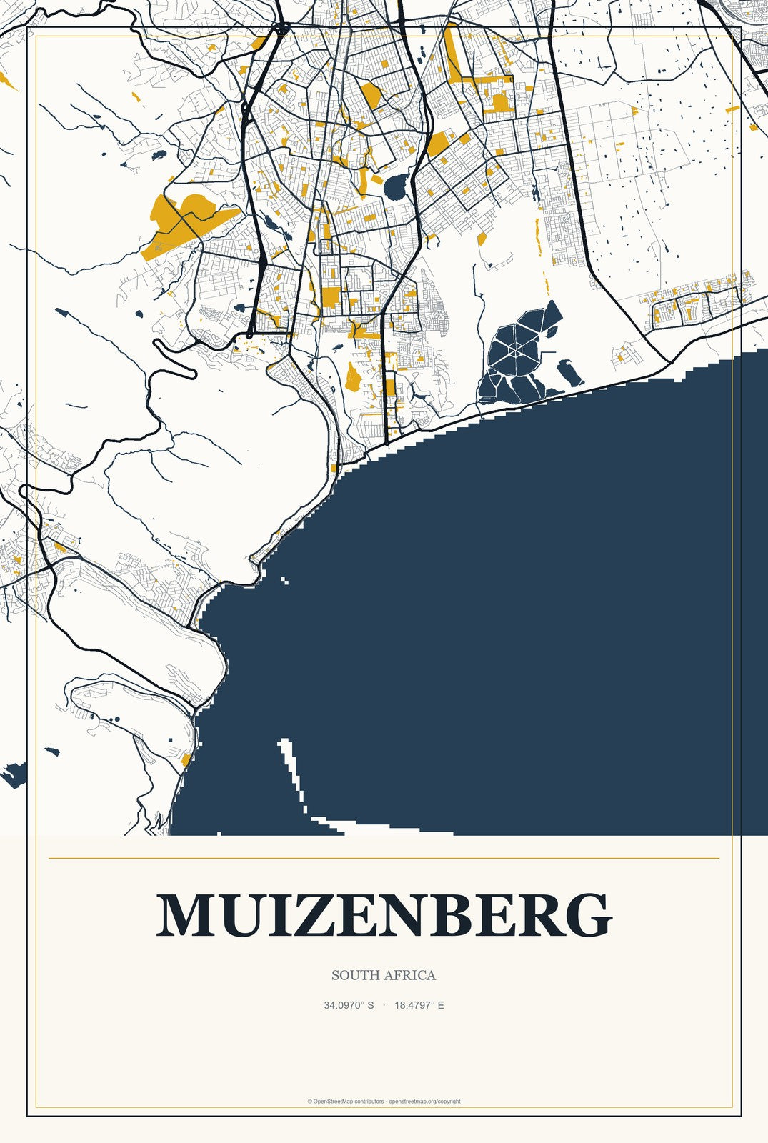 Muizenberg, South Africa City Map Aluminum Sign in Citrine Modern style