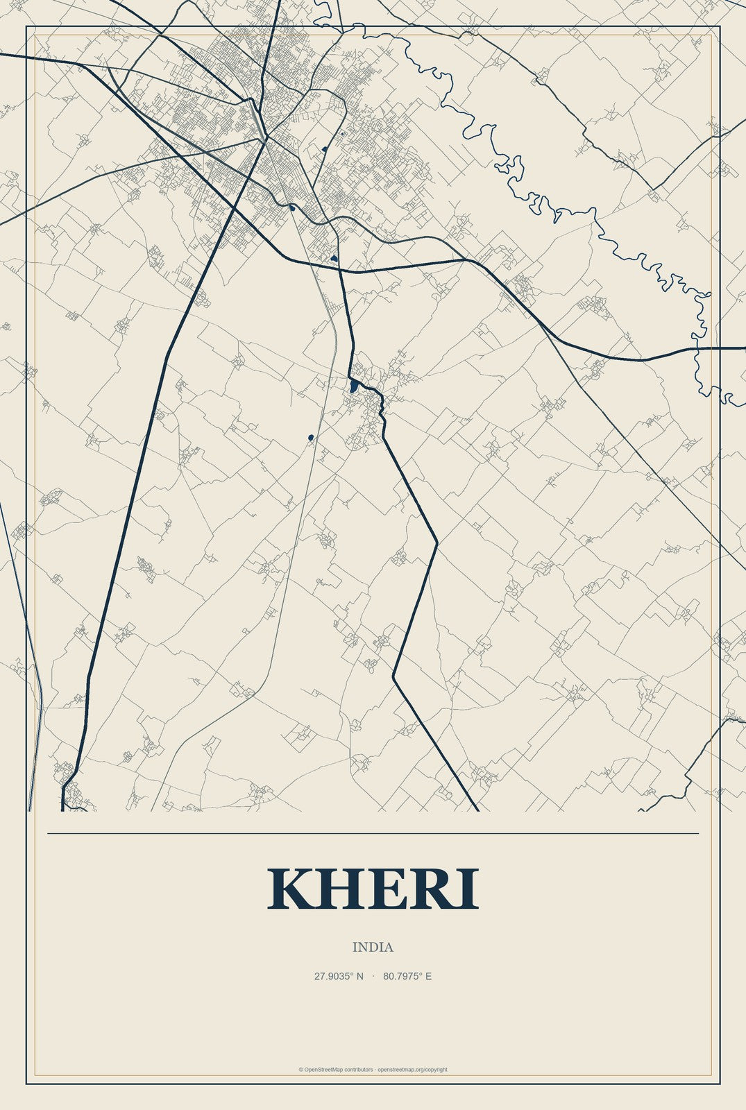 Kheri, India City Map Aluminum Sign in Coastal Cutout style