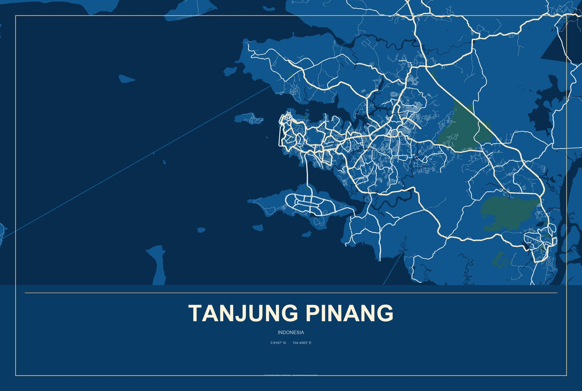 Tanjung Pinang, Indonesia City Map Aluminum Sign in Harbor Cobalt style