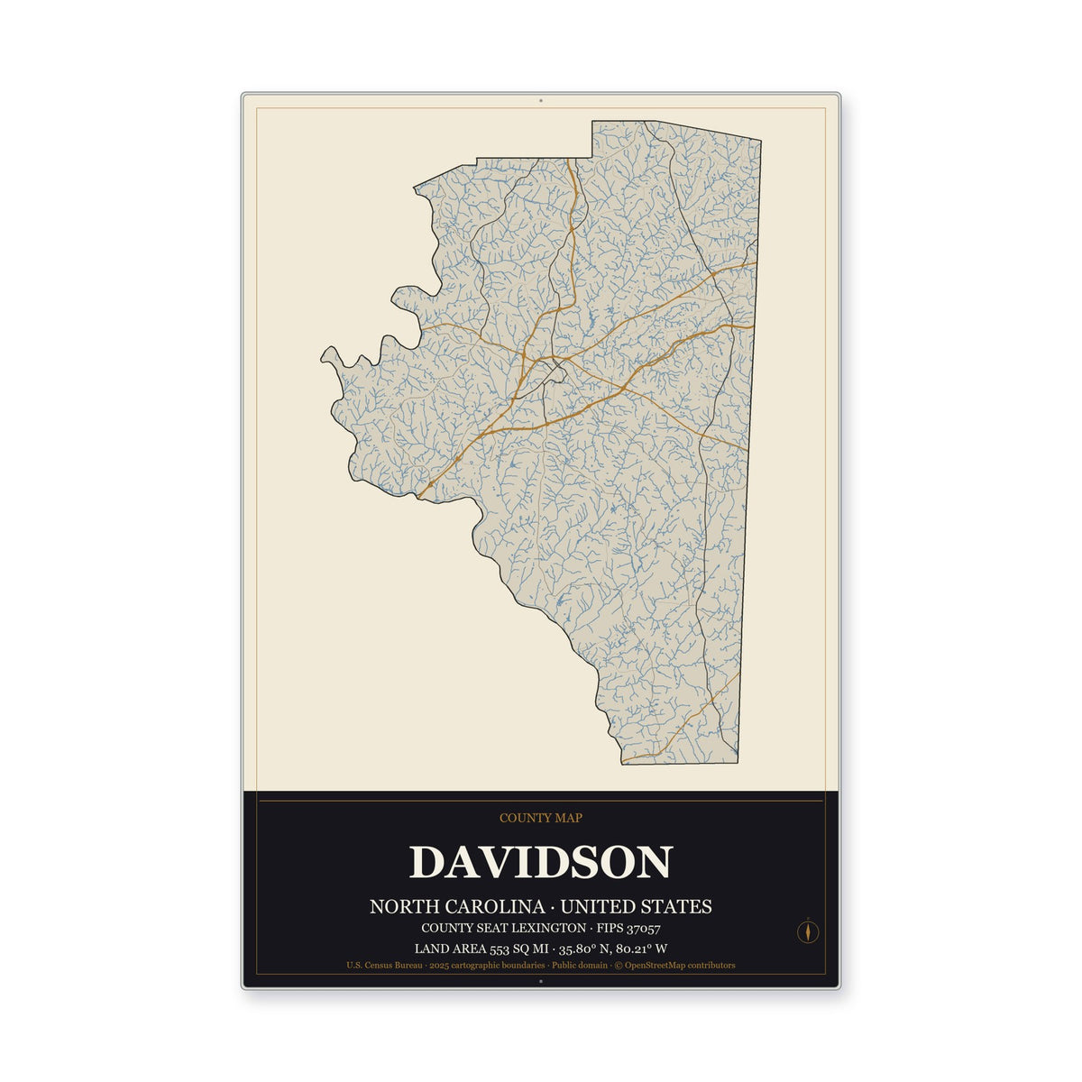 Davidson County, North Carolina Map Aluminum Sign in Museum Plaque style
