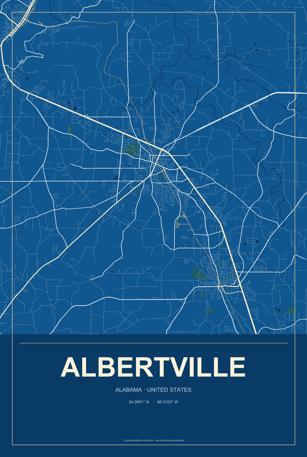 Albertville, Alabama City Map Aluminum Sign in Harbor Cobalt style