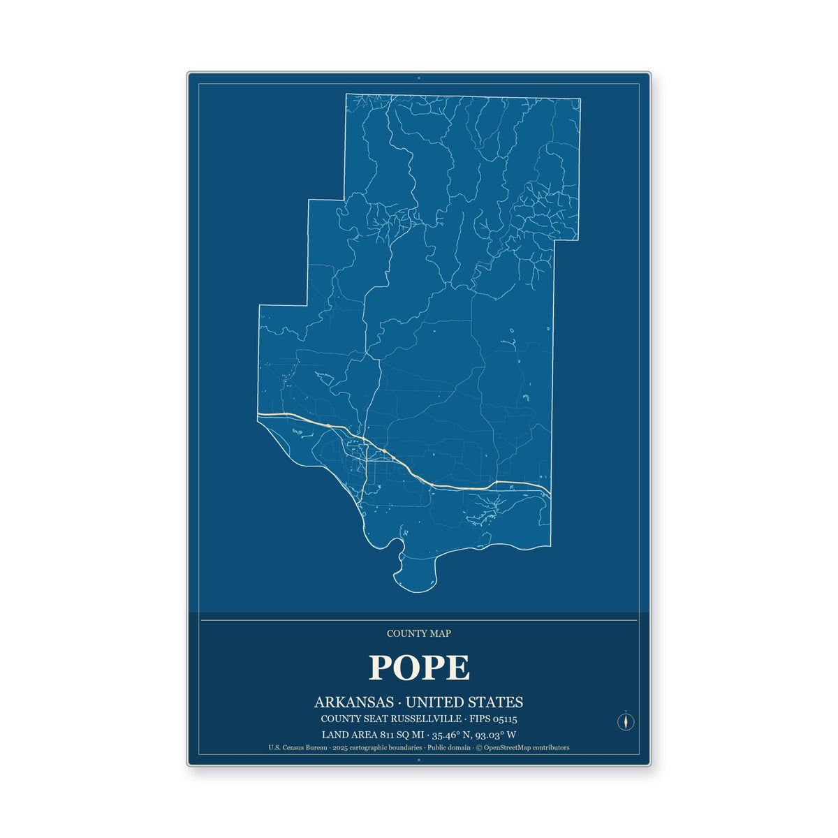 Pope County, Arkansas Map Aluminum Sign in Harbor Cobalt style