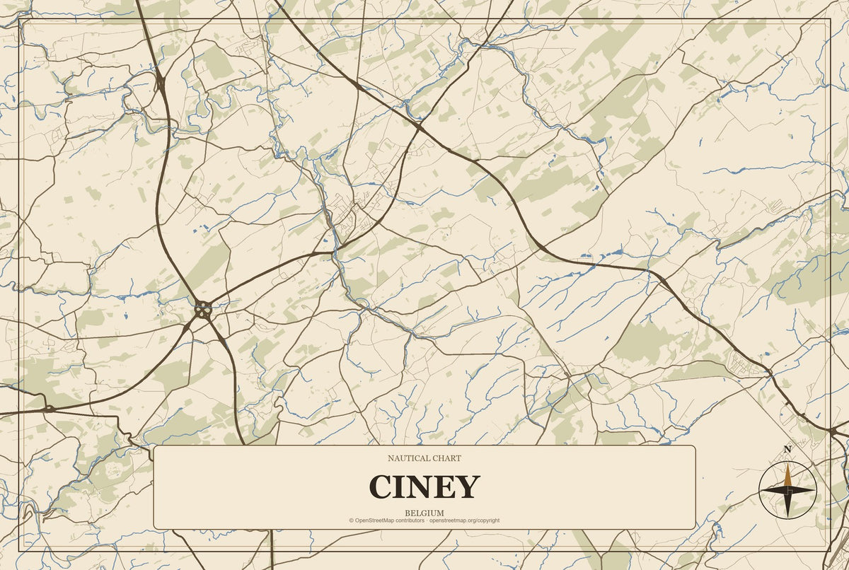 Ciney, Belgium City Map Aluminum Sign in Heritage Nautical style
