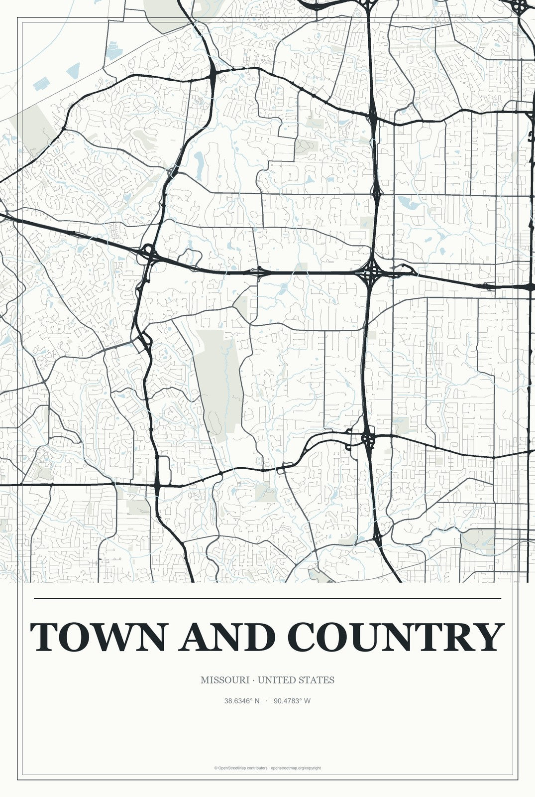 Town and Country, Missouri City Map Aluminum Sign in Gallery Air style