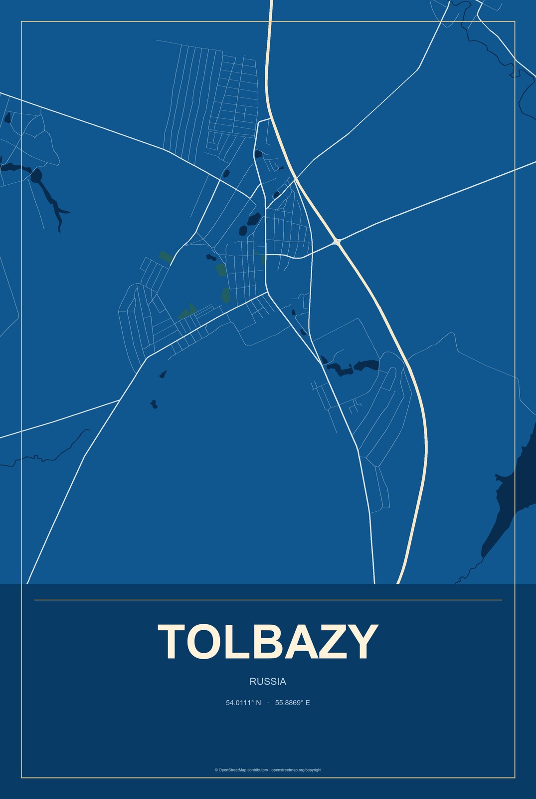 Tolbazy, Russia City Map Aluminum Sign in Harbor Cobalt style