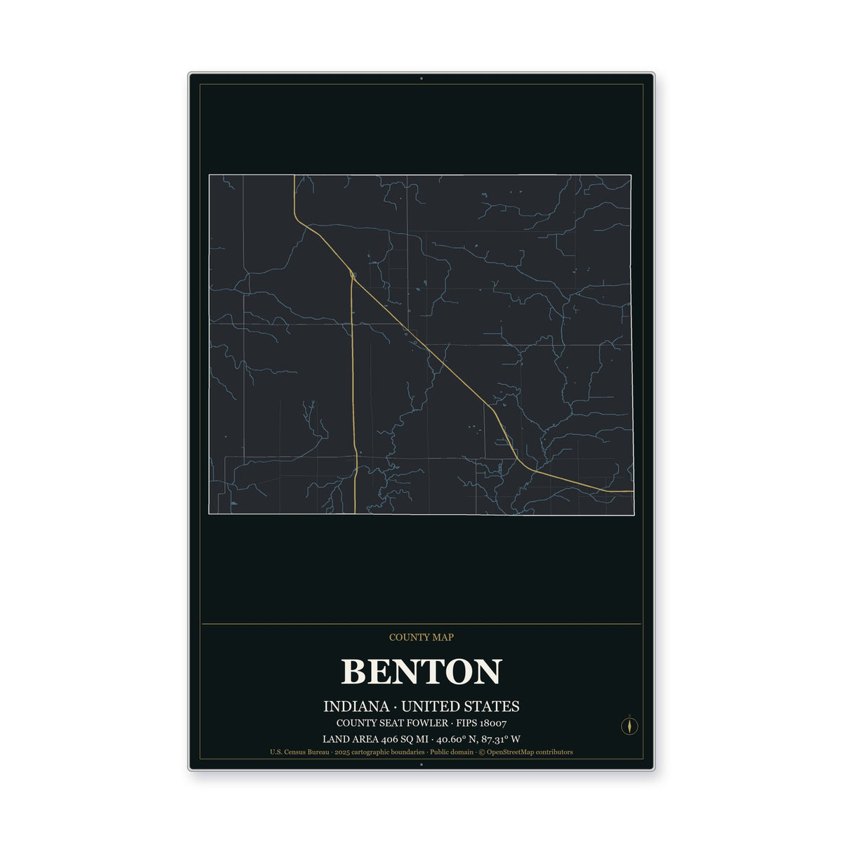 Benton County, Indiana Map Aluminum Sign in Metropolitan Noir style