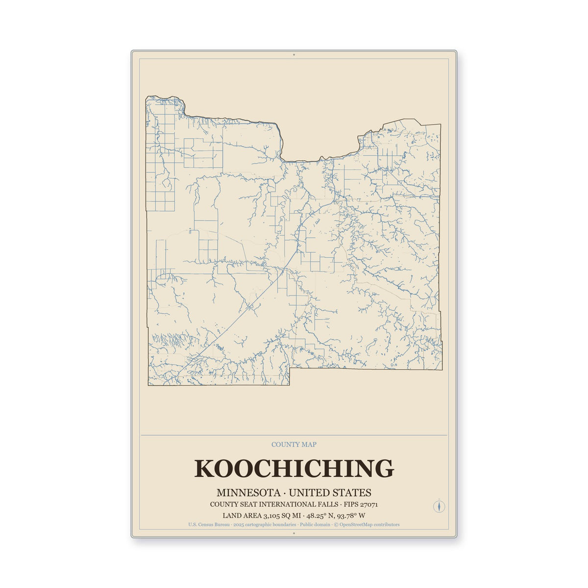 Koochiching County, Minnesota Map Aluminum Sign in Heritage Nautical style