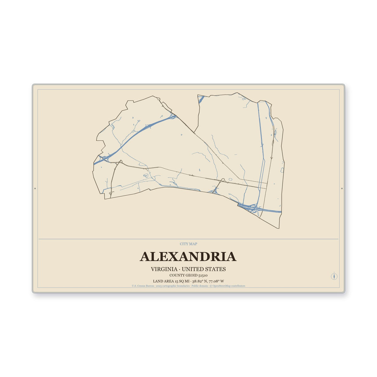 Alexandria city, Virginia Map Aluminum Sign in Heritage Nautical style
