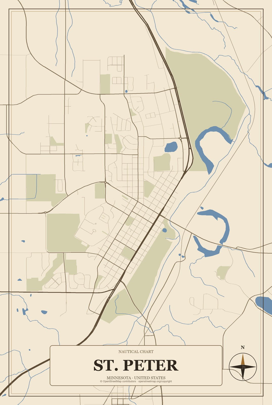 St. Peter, Minnesota City Map Aluminum Sign in Heritage Nautical style