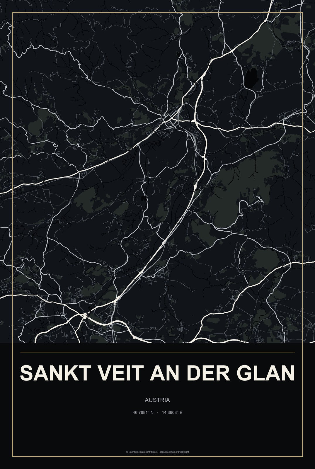 Sankt Veit an der Glan, Austria City Map Aluminum Sign in Metropolitan Noir style