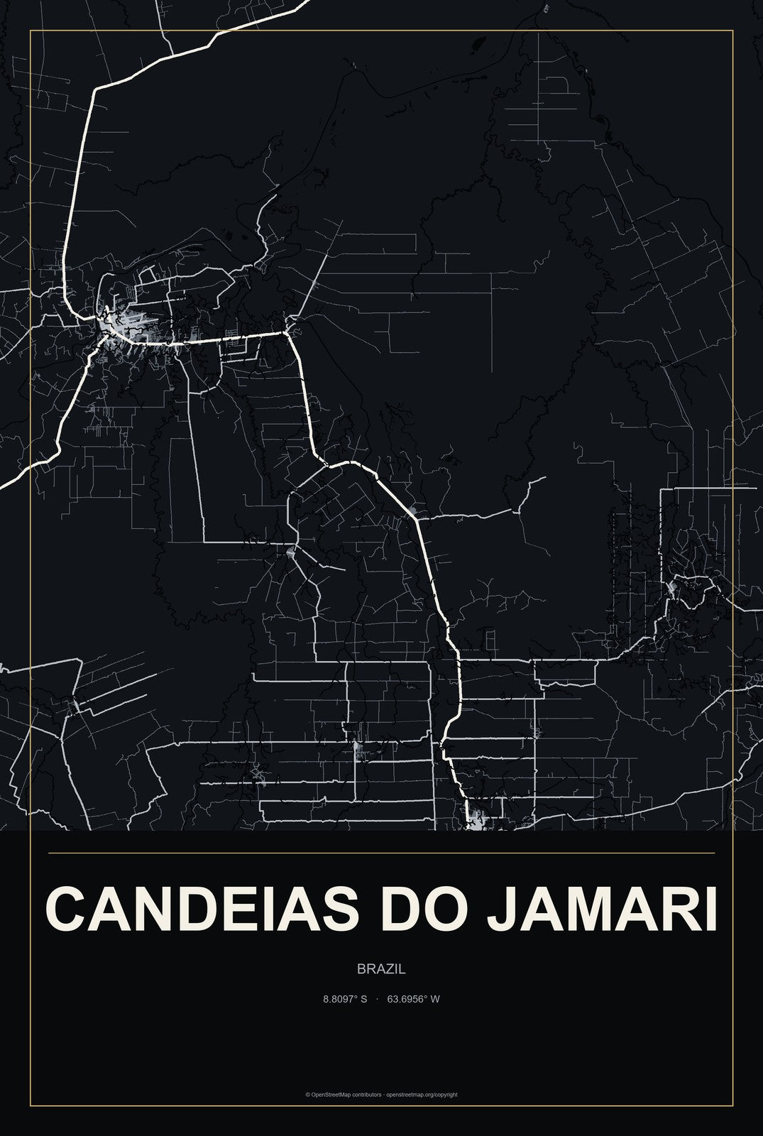 Candeias do Jamari, Brazil City Map Aluminum Sign in Metropolitan Noir style