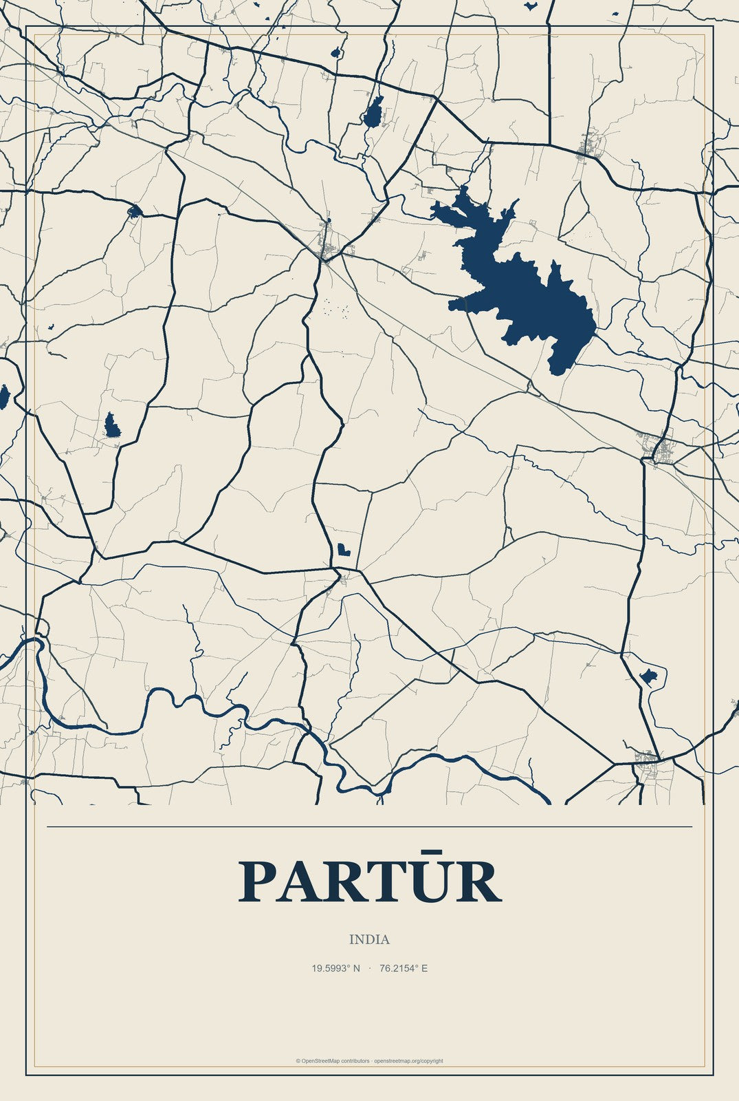 Partūr, India City Map Aluminum Sign in Coastal Cutout style