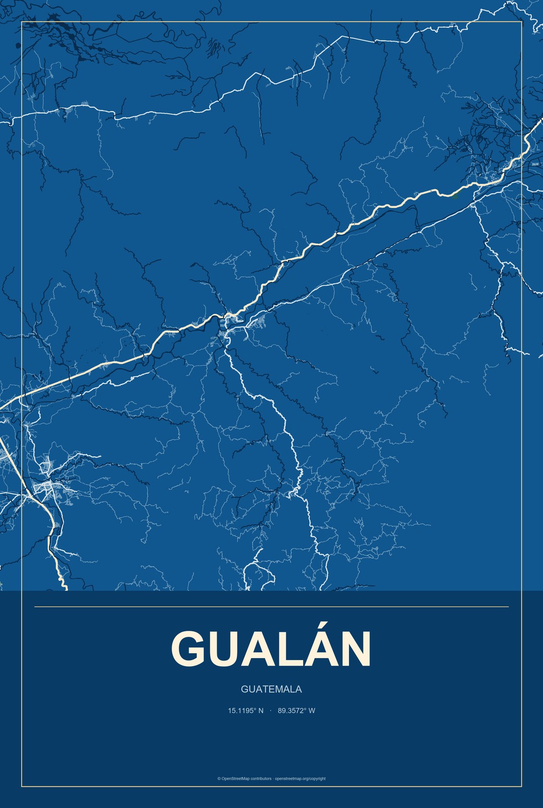 Gualán, Guatemala City Map Aluminum Sign in Harbor Cobalt style