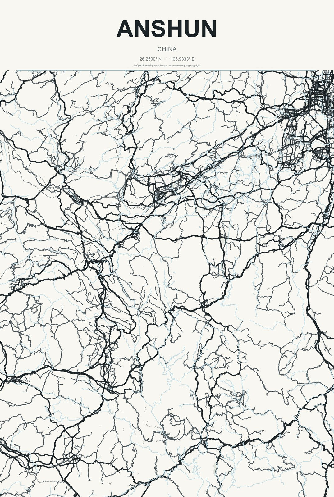 Anshun, China City Map Aluminum Sign in Headline Atlas style