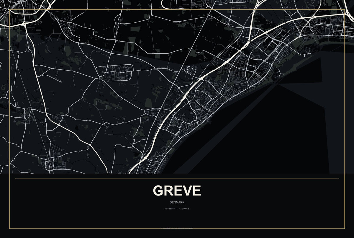 Greve, Denmark City Map Aluminum Sign in Metropolitan Noir style