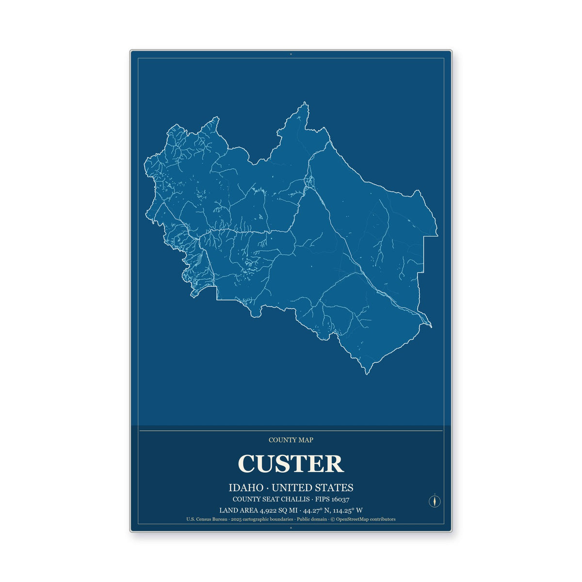 Custer County, Idaho Map Aluminum Sign in Harbor Cobalt style