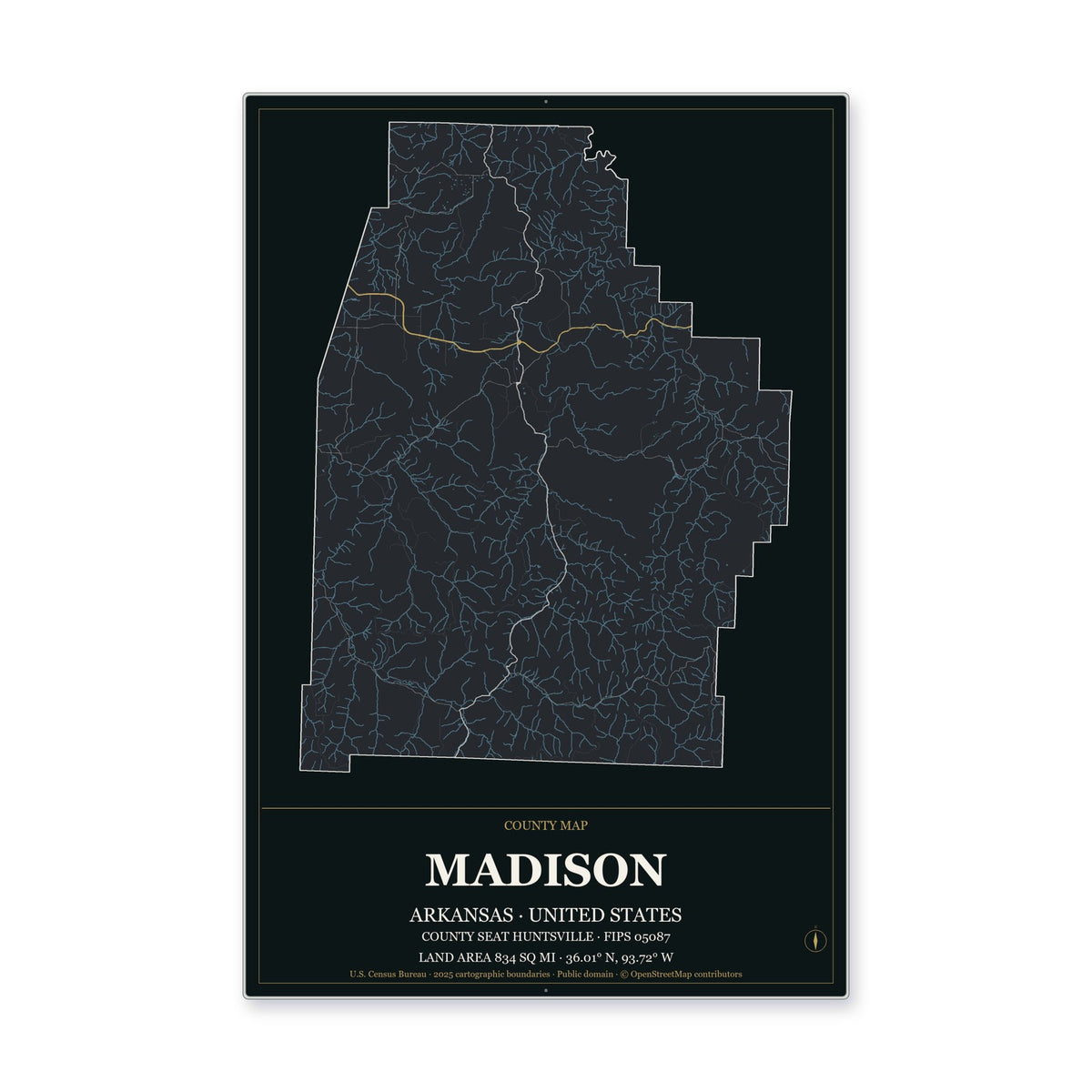 Madison County, Arkansas Map Aluminum Sign in Metropolitan Noir style