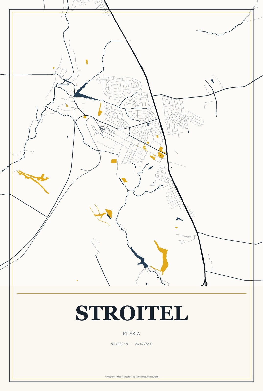 Stroitel, Russia City Map Aluminum Sign in Citrine Modern style
