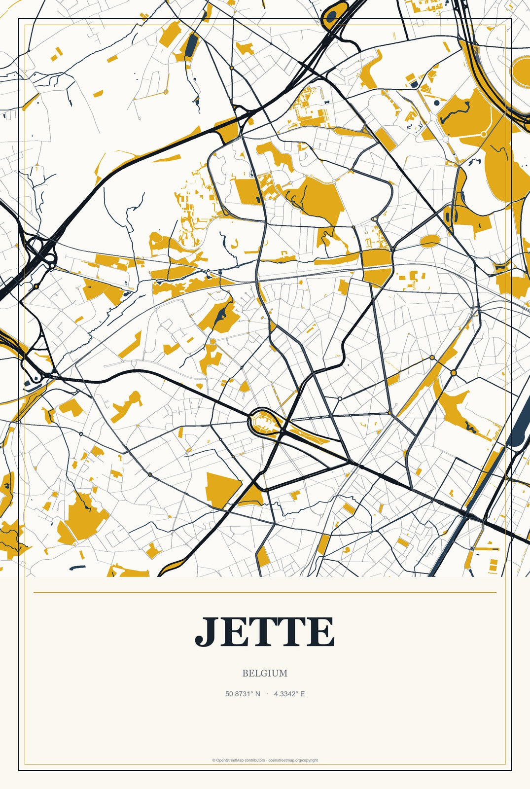 Jette, Belgium City Map Aluminum Sign in Citrine Modern style