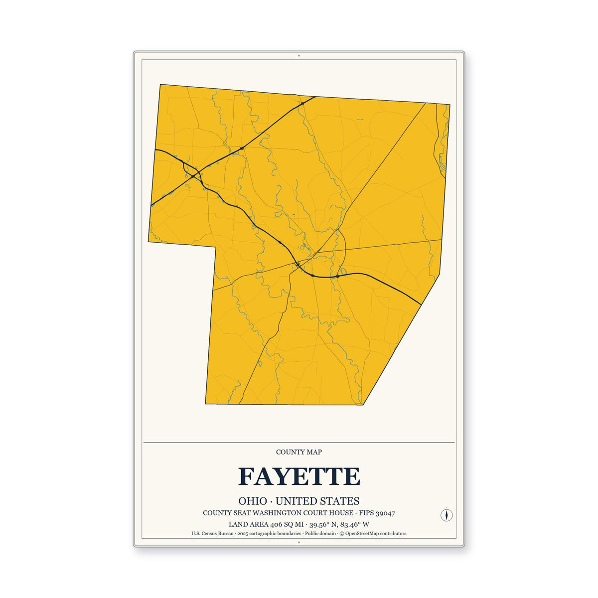 Fayette County, Ohio Map Aluminum Sign in Citrine Modern style
