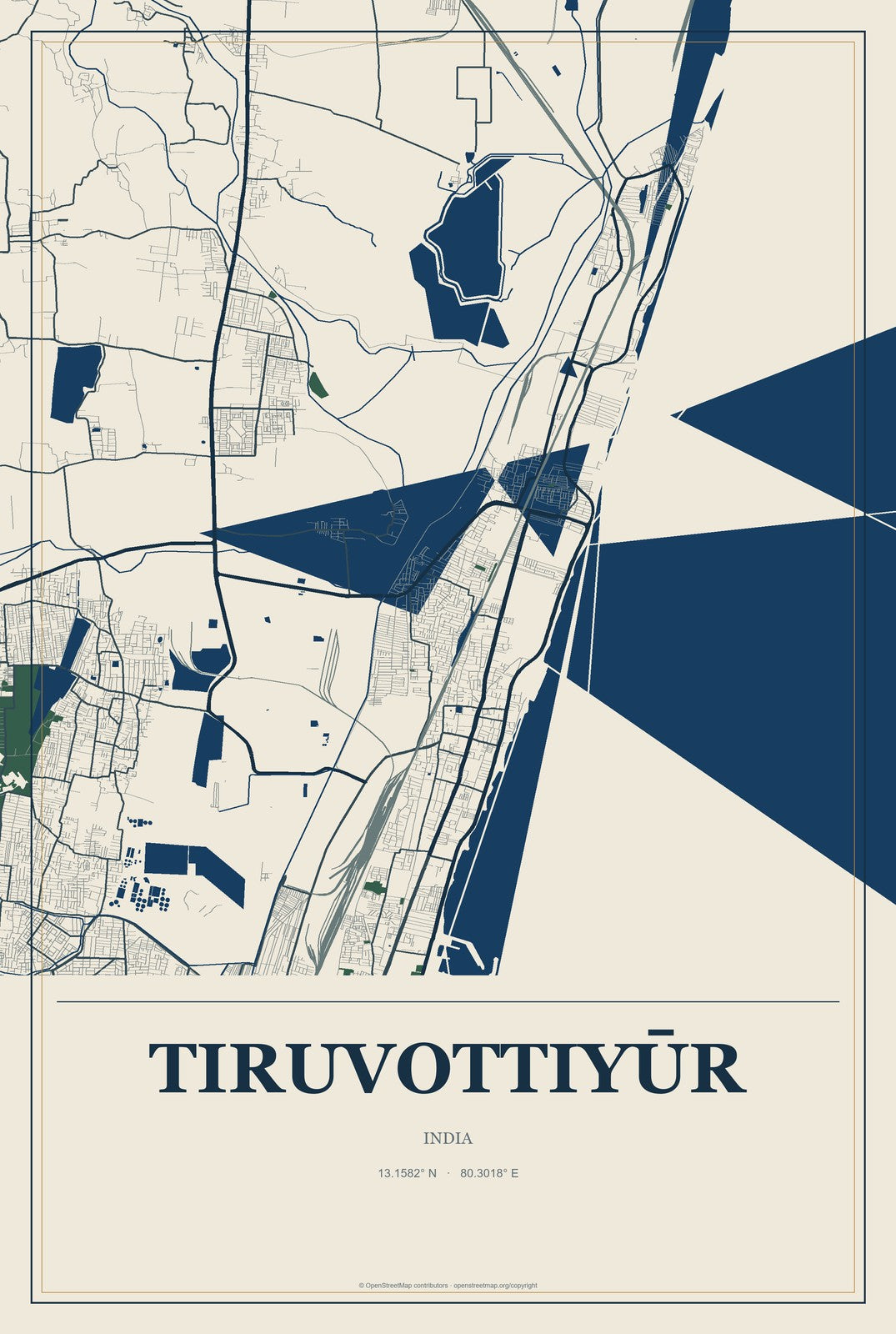Tiruvottiyūr, India City Map Aluminum Sign in Coastal Cutout style