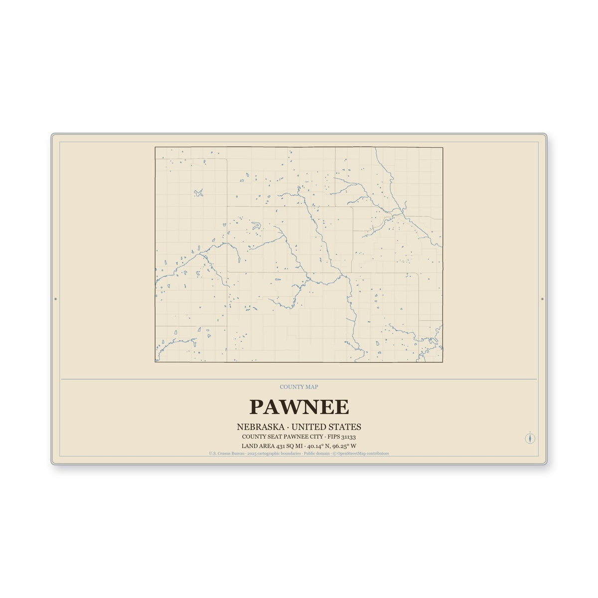 Pawnee County, Nebraska Map Aluminum Sign in Heritage Nautical style