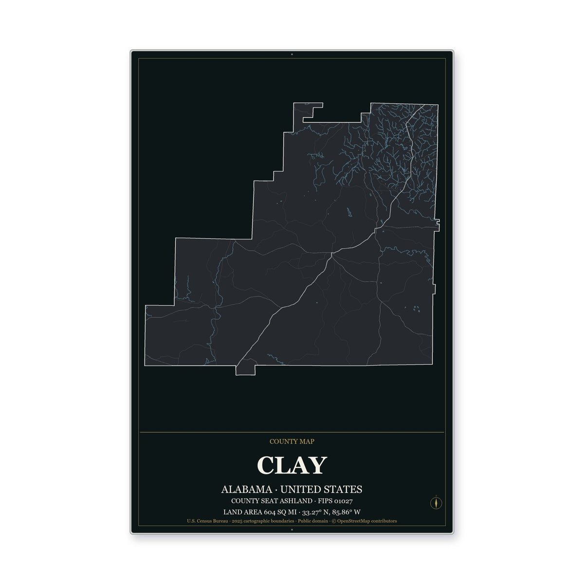 Clay County, Alabama Map Aluminum Sign in Metropolitan Noir style