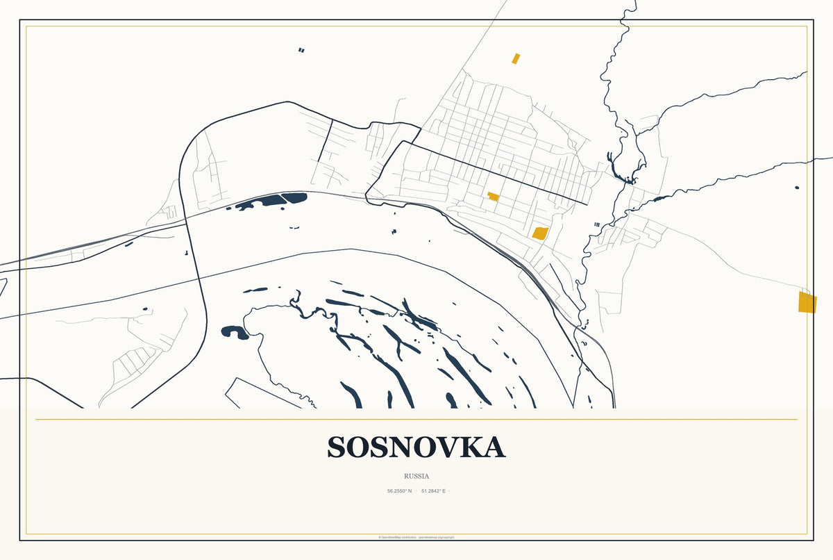 Sosnovka, Tambov Oblast, Russia City Map Aluminum Sign in Citrine Modern style