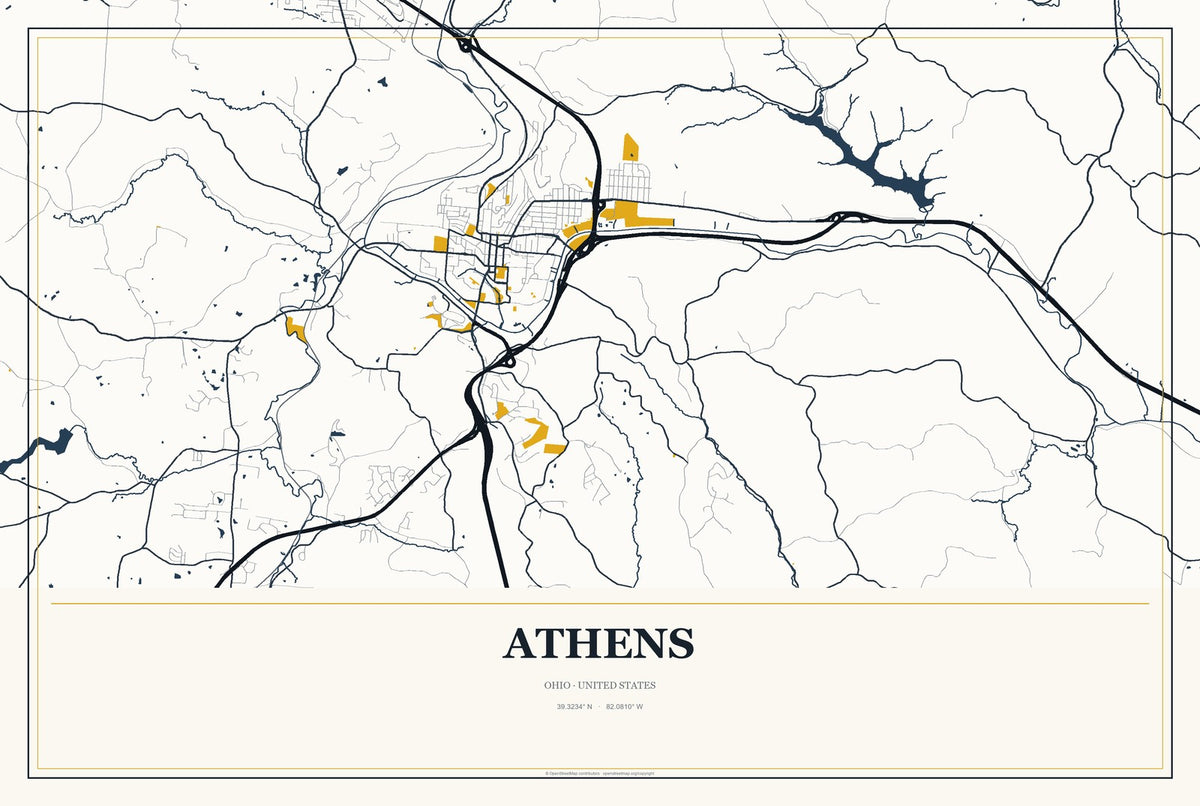 Athens, Ohio City Map Aluminum Sign in Citrine Modern style