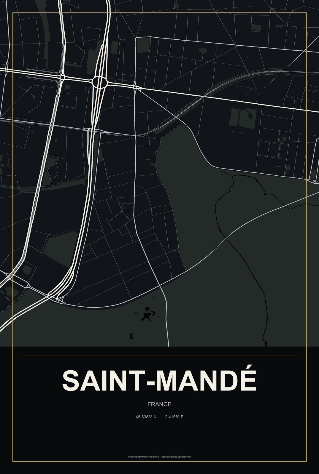 Saint-Mandé, France City Map Aluminum Sign in Metropolitan Noir style