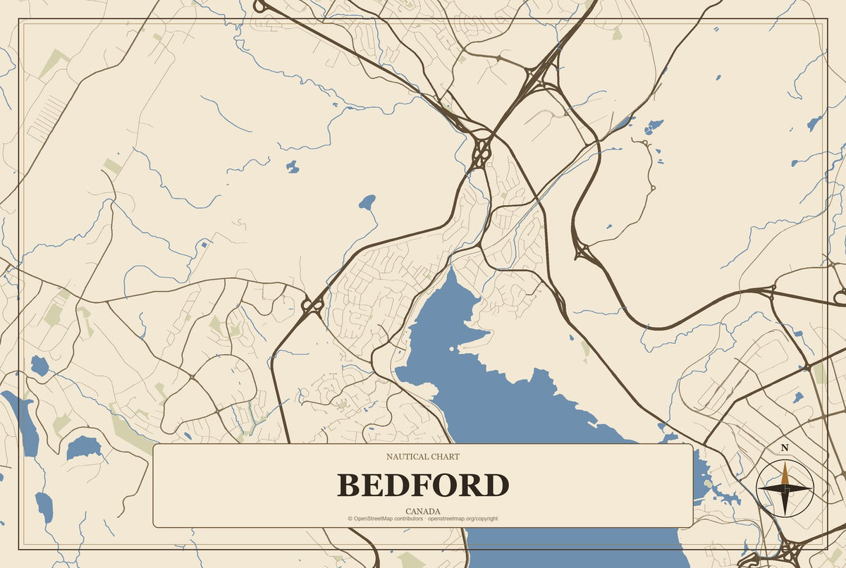 Bedford, Canada City Map Aluminum Sign in Heritage Nautical style