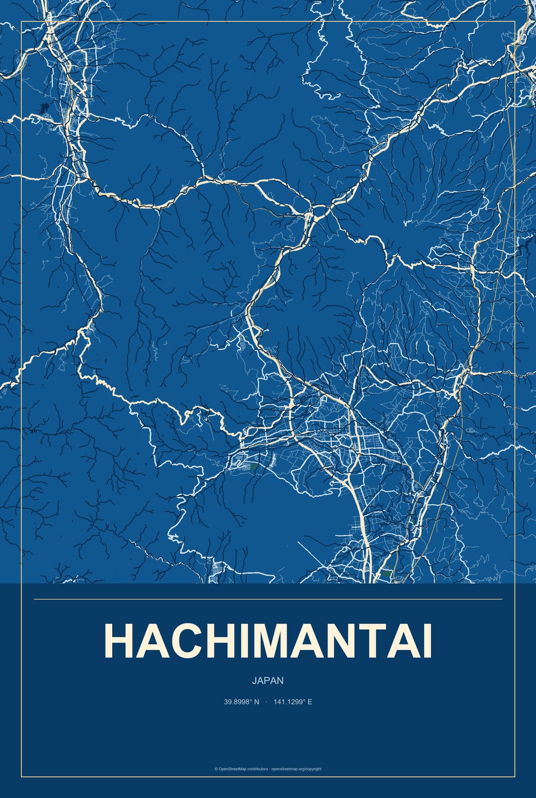 Hachimantai, Japan City Map Aluminum Sign in Harbor Cobalt style
