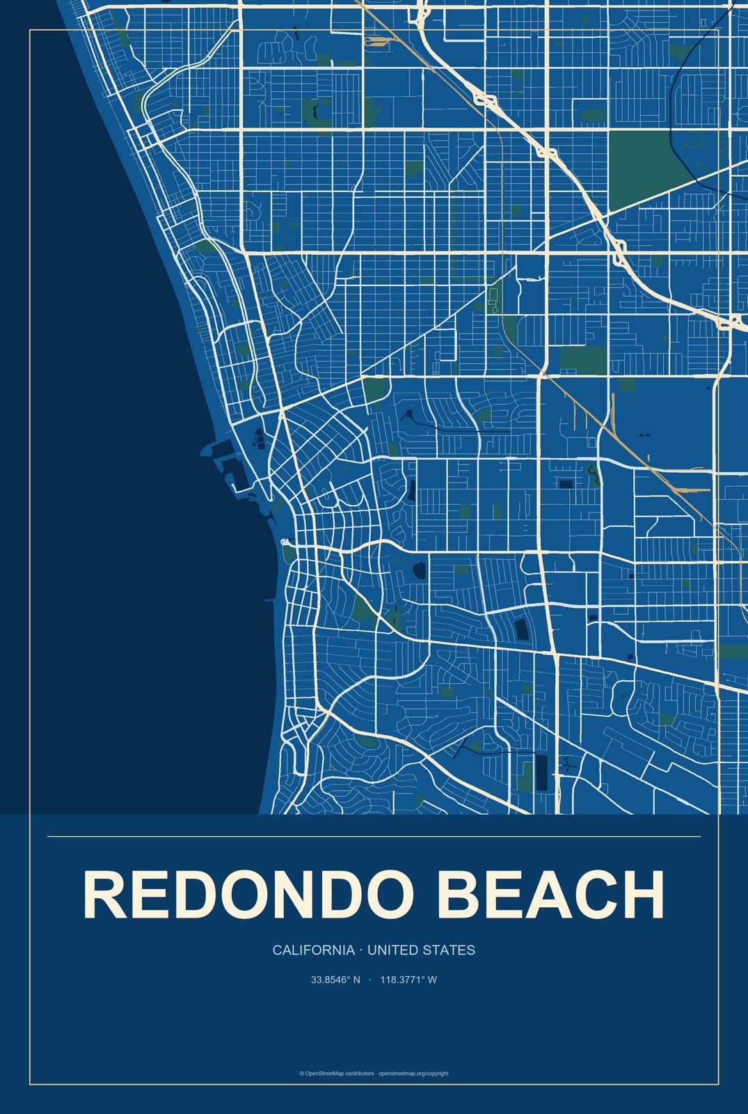 Redondo Beach, California City Map Aluminum Sign in Harbor Cobalt style