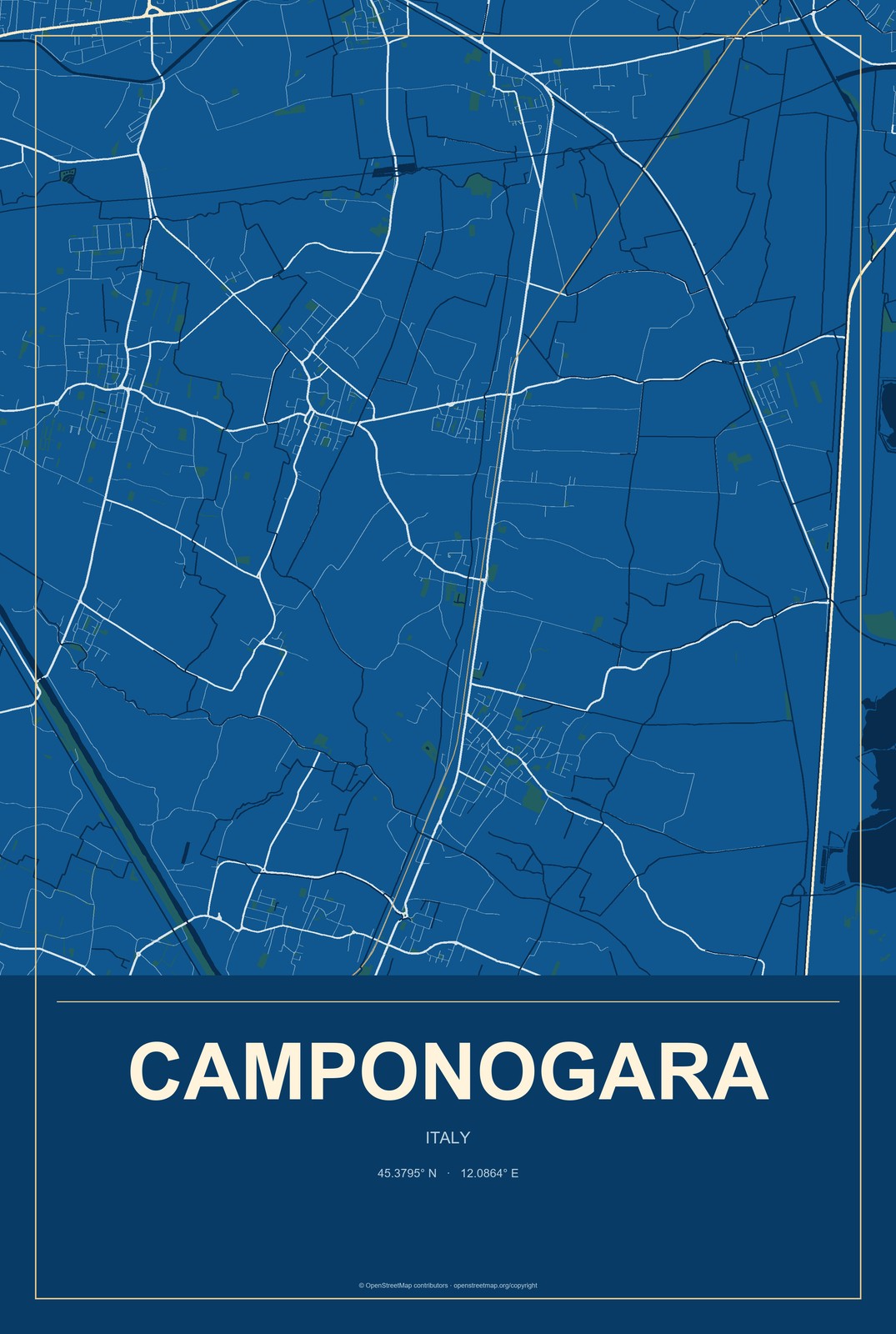 Camponogara, Italy City Map Aluminum Sign in Harbor Cobalt style