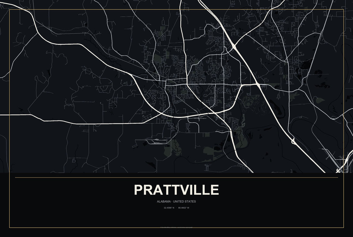 Prattville, Alabama City Map Aluminum Sign in Metropolitan Noir style