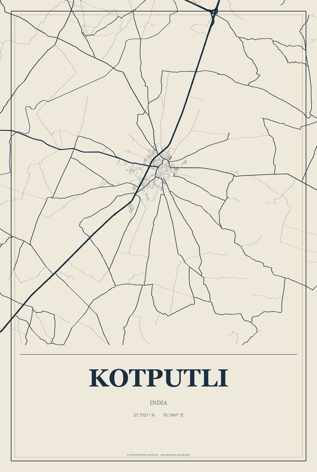 Kotputli, India City Map Aluminum Sign in Coastal Cutout style