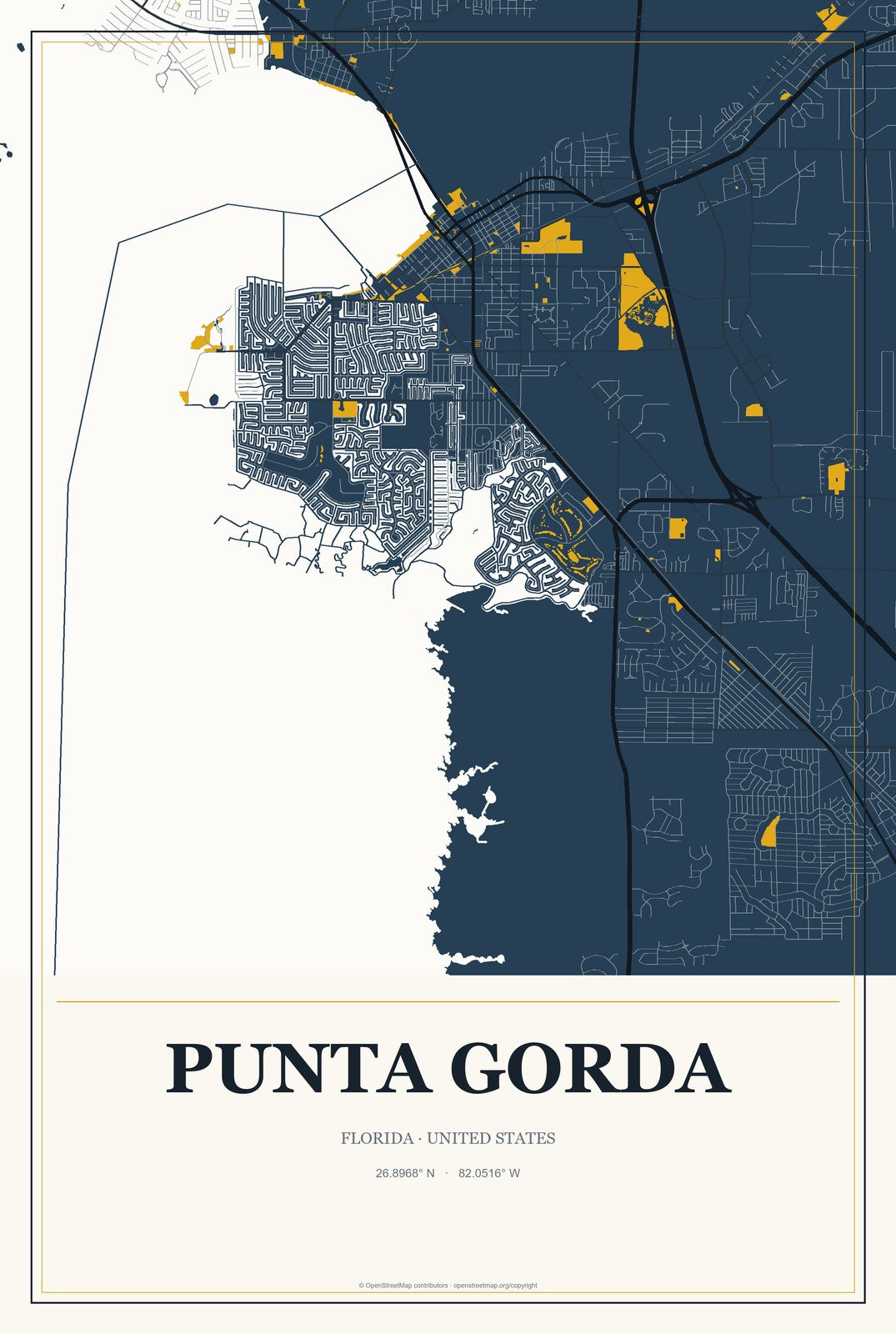 Punta Gorda, Florida City Map Aluminum Sign in Citrine Modern style