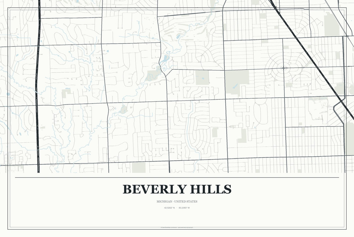 Beverly Hills, Michigan City Map Aluminum Sign in Gallery Air style