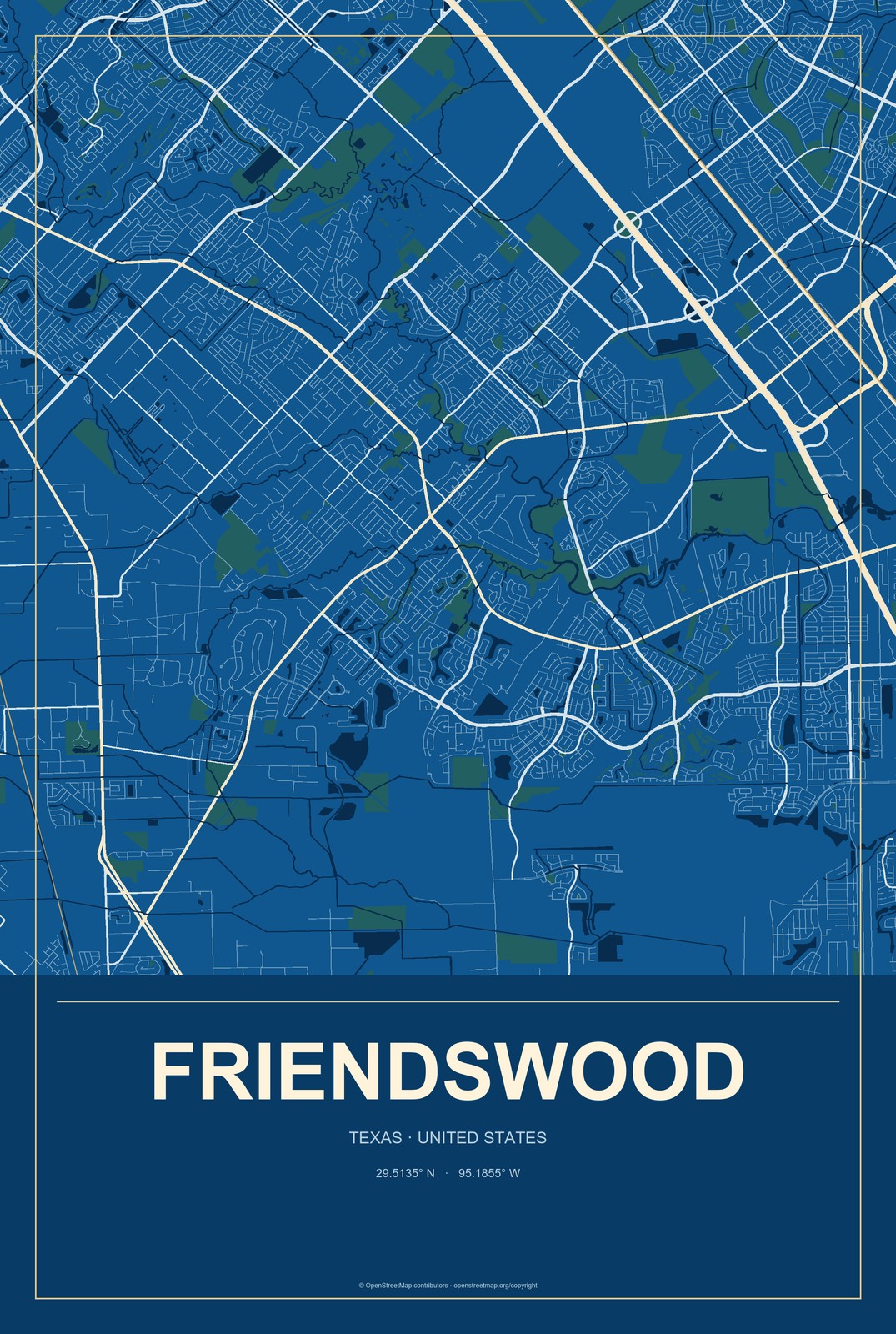 Friendswood, Texas City Map Aluminum Sign in Harbor Cobalt style
