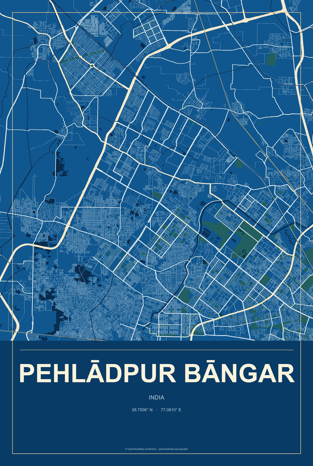 Pehlādpur Bāngar, India City Map Aluminum Sign in Harbor Cobalt style