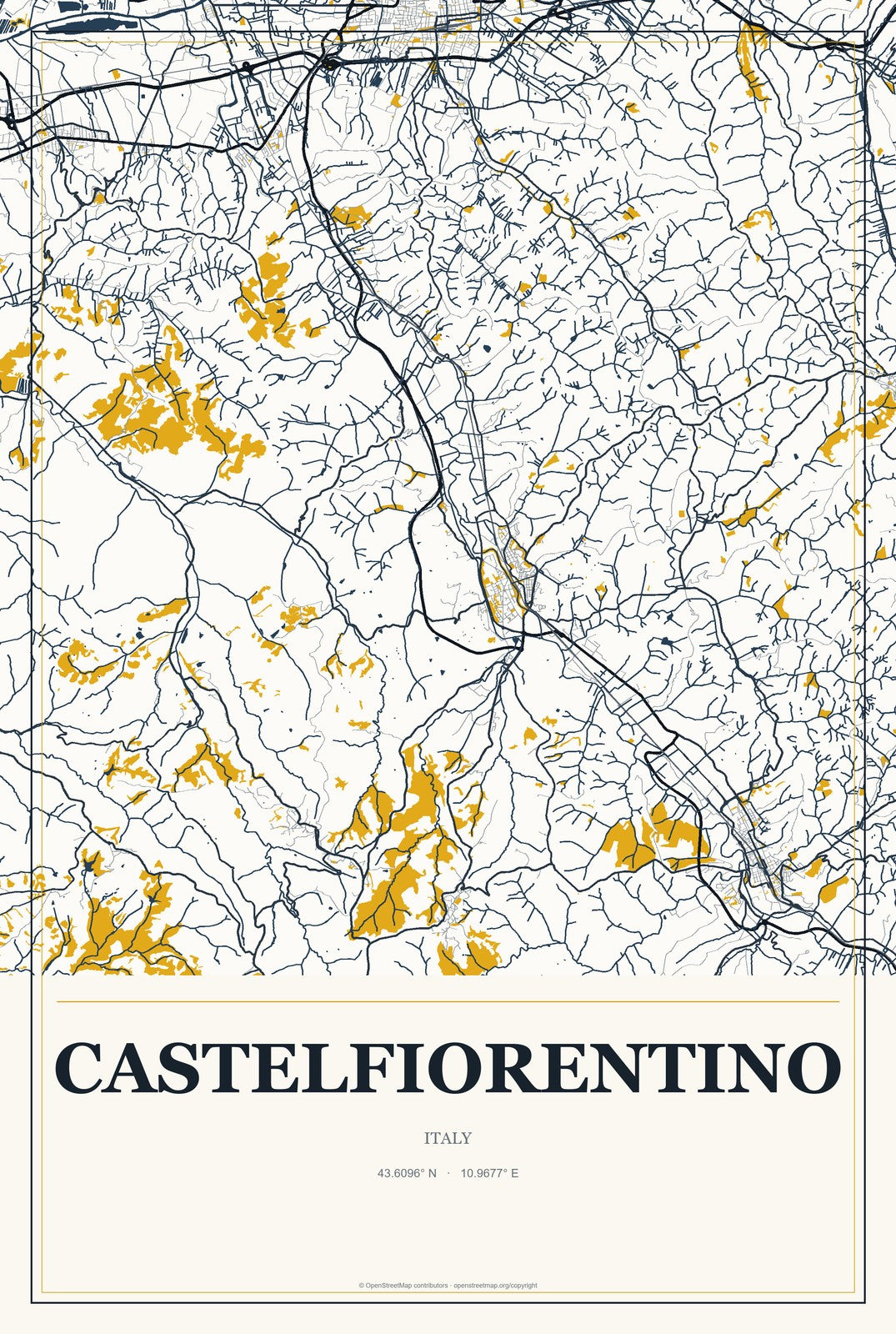 Castelfiorentino, Italy City Map Aluminum Sign in Citrine Modern style